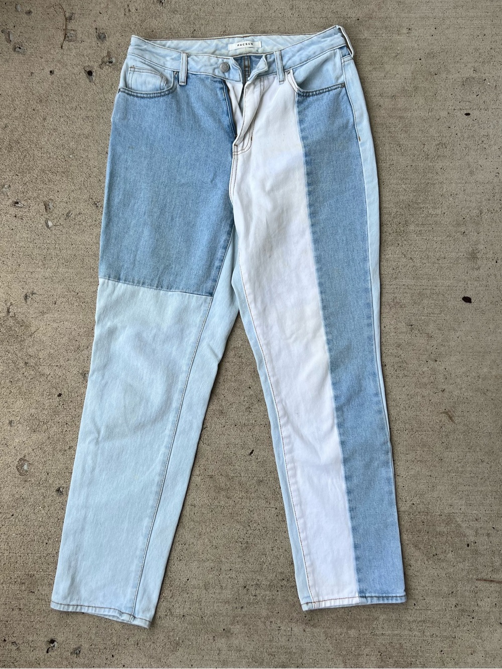 PacSun Two-Tone Patchwork Straight Leg Jeans in Light Blue & White